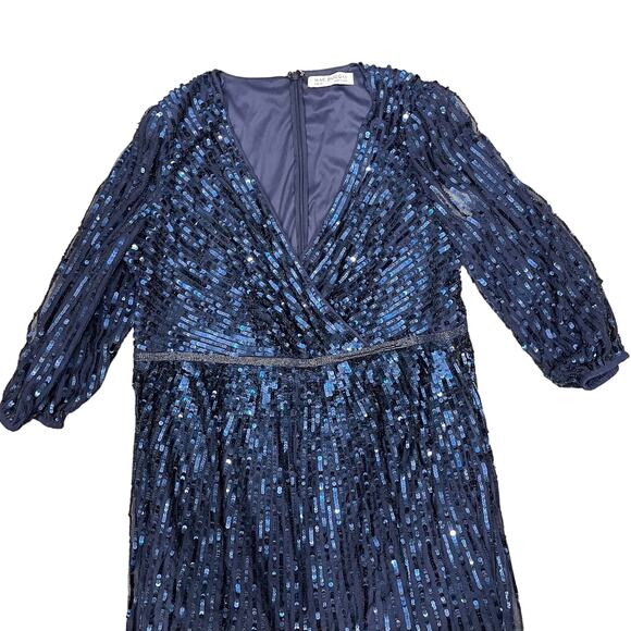 MAC DUGGAL 5509 Wrap Over 3/4 Sleeve Sequined Tulle Gown Midnight 20 NEW - Picture 5 of 8